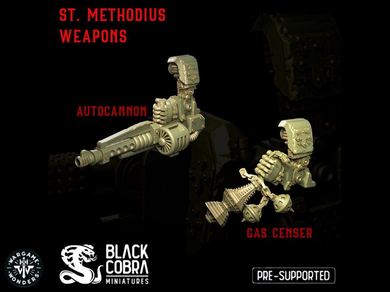 May include: Two 3D printed miniature weapons for tabletop games. The first is a detailed autocannon with a long barrel and a complex design. The second is a gas censer with a spherical design and intricate details. Both are pre-supported for easy printing.