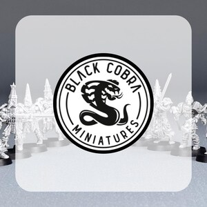 May include: Black and white logo for Black Cobra Miniatures featuring a stylized cobra with the company name in a circle.  The logo is displayed in front of a group of miniature figures.