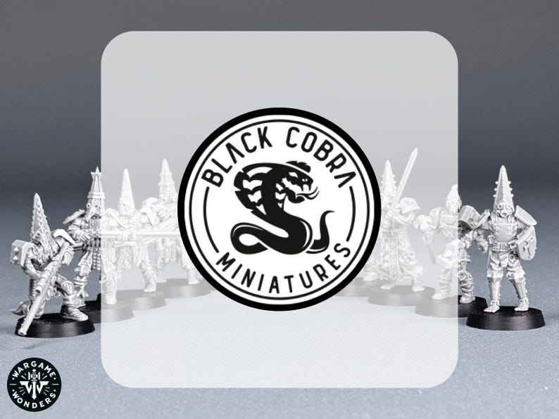 May include: Black and white logo for Black Cobra Miniatures featuring a stylized cobra with the company name in a circle.  The logo is displayed in front of a group of miniature figures.