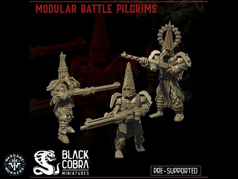 May include: Three detailed, gray plastic miniatures of futuristic warriors, each holding a different weapon. The miniatures are part of a modular battle pilgrims set, pre-supported and made by Black Cobra Miniatures.