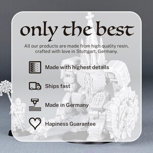 May include: White resin miniature of a robot with a church spire on its head. The robot is holding a sword and shield. The image includes the text "only the best" and "Made with highest details, Ships fast, Made in Germany, Happiness Guarantee".