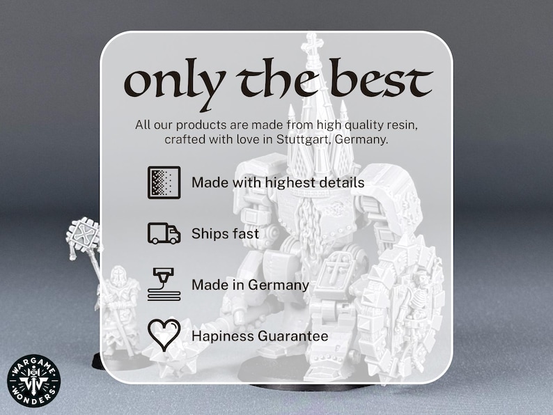 May include: White resin miniature of a robot with a church spire on its head. The robot is holding a sword and shield. The image includes the text "only the best" and "Made with highest details, Ships fast, Made in Germany, Happiness Guarantee".