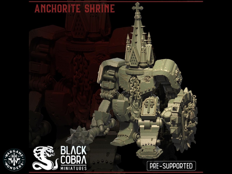 May include: A gray 3D printed miniature of a robot with a church spire on its head. The robot is holding a spiked mace in one hand and a shield in the other. The miniature is labeled "ANCHORITE SHRINE" and "PRE-SUPPORTED".