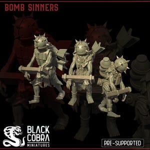 May include: Three gray miniature figures, each with a spiked helmet and carrying a wooden beam. The figures are in a dynamic pose, suggesting action. The text "BOMB SINNERS" is at the top, with "BLACK COBRA MINIATURES" and "PRE-SUPPORTED" at the bottom.