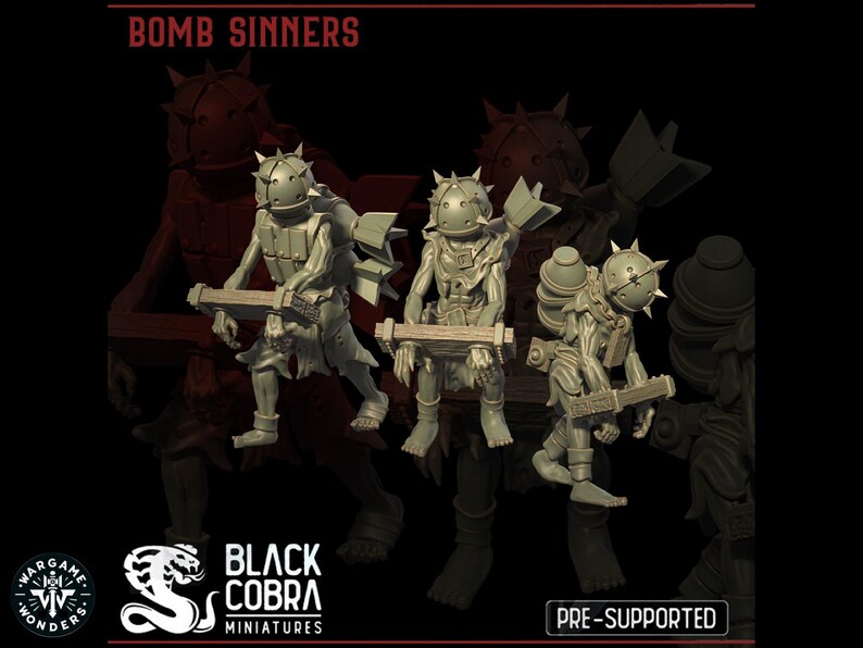 May include: Three gray miniature figures, each with a spiked helmet and carrying a wooden beam. The figures are in a dynamic pose, suggesting action. The text "BOMB SINNERS" is at the top, with "BLACK COBRA MINIATURES" and "PRE-SUPPORTED" at the bottom.