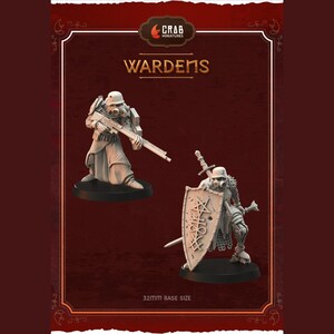 May include: Two unpainted plastic miniatures of fantasy warriors, one with a rifle and the other with a sword and shield. The miniatures are on round bases. The text "Wardens" is printed above the miniatures. The text "32mm Base Size" is printed below the miniatures.