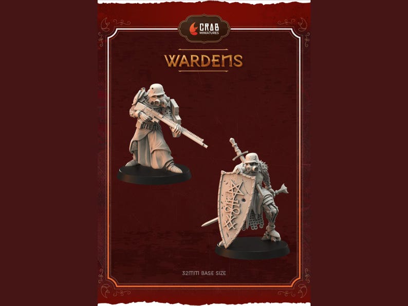 May include: Two unpainted plastic miniatures of fantasy warriors, one with a rifle and the other with a sword and shield. The miniatures are on round bases. The text "Wardens" is printed above the miniatures. The text "32mm Base Size" is printed below the miniatures.