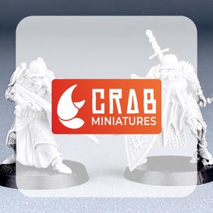 May include: Two white painted miniature figures, one holding a sword and shield, the other holding a rifle. The figures are standing on black bases. The figures are in front of a red and white logo that says "CRAB MINIATURES".