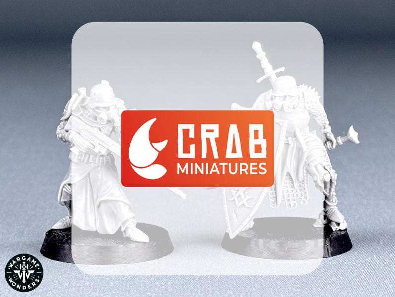 May include: Two white painted miniature figures, one holding a sword and shield, the other holding a rifle. The figures are standing on black bases. The figures are in front of a red and white logo that says "CRAB MINIATURES".