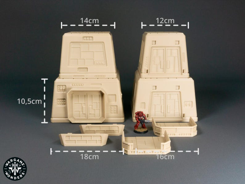 May include: A set of beige plastic modular building pieces for tabletop gaming. The set includes two towers, two walls, a walkway, and a small figure. The towers are 14 inches tall and 12 inches wide. The walls are 18 inches long and 10.5 inches tall. The walkway is 16 inches long.