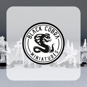 May include: Black Cobra Miniatures logo featuring a black cobra design on a white background. Five silver painted miniature figures stand in front of the logo.