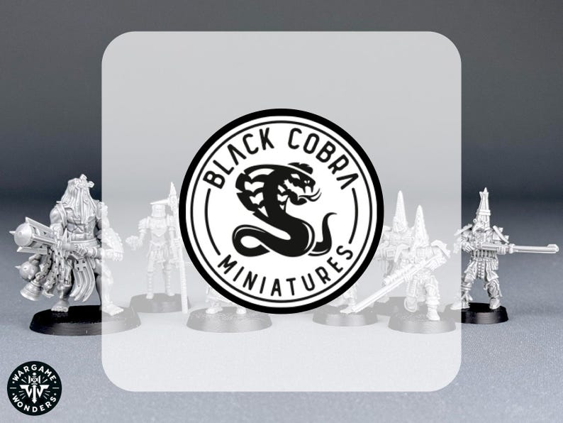 May include: Black Cobra Miniatures logo featuring a black cobra design on a white background. Five silver painted miniature figures stand in front of the logo.