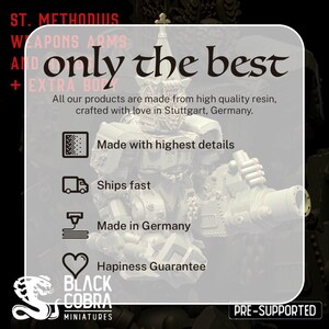 May include: A white and gray 3D printed miniature of a robot with a large gun. The miniature is on a white background with text that reads "only the best" and "Made with highest details".