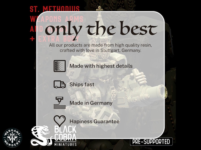 May include: A white and gray 3D printed miniature of a robot with a large gun. The miniature is on a white background with text that reads "only the best" and "Made with highest details".