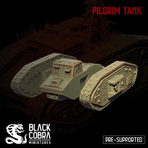 May include: A 3D printed model of a Pilgrim Tank, a futuristic tank with a green and brown color scheme. The tank has a large, open turret and a long, barrel-like gun. The model is pre-supported and is designed for 3D printing.