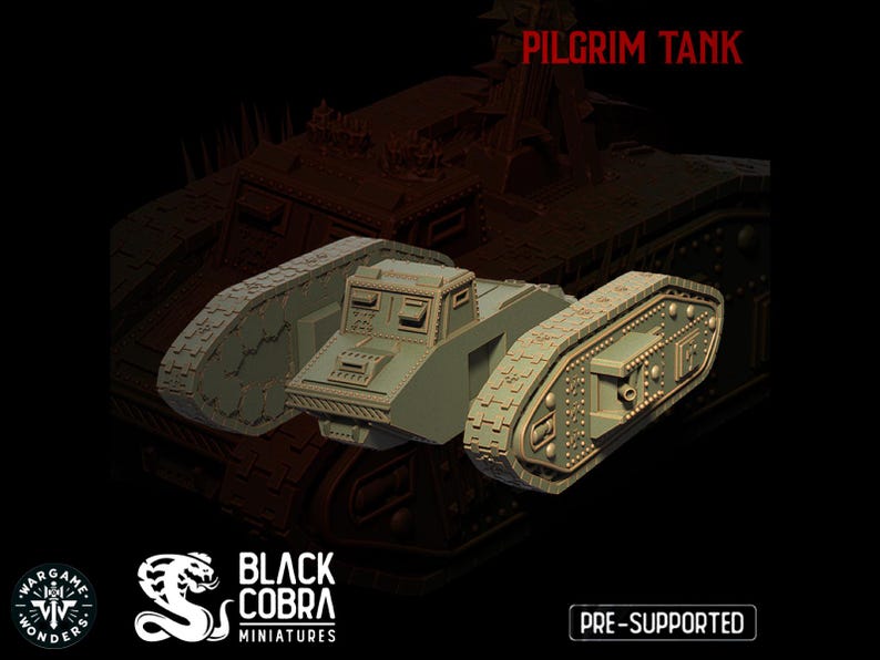 May include: A 3D printed model of a Pilgrim Tank, a futuristic tank with a green and brown color scheme. The tank has a large, open turret and a long, barrel-like gun. The model is pre-supported and is designed for 3D printing.