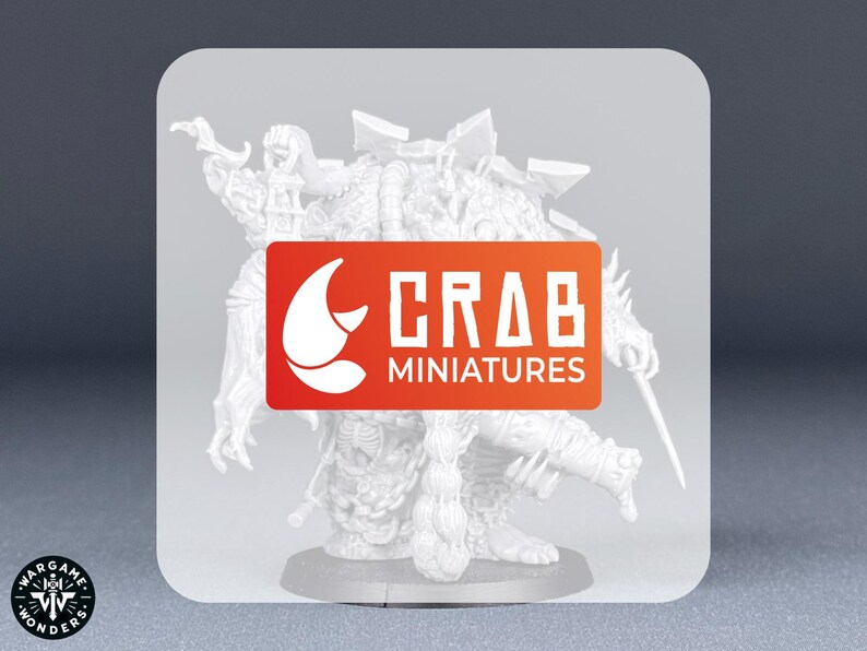 May include: White plastic miniature of a monstrous creature with a crab-like claw and a long, thin tail. The miniature is standing on a round base. The text "CRAB MINIATURES" is printed on a red rectangle.