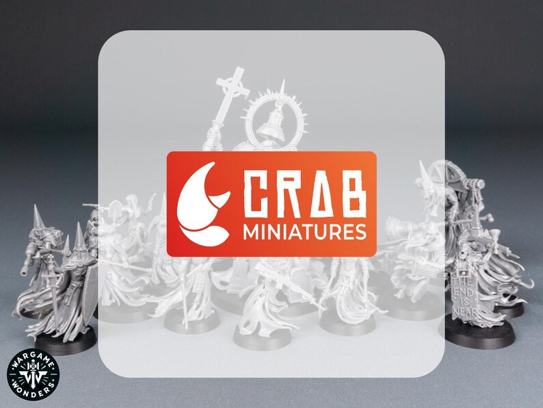 May include: A collection of unpainted miniature figures, likely for tabletop gaming. The figures are predominantly white and feature intricate details. The Crab Miniatures logo is prominently displayed in orange and white. The figures are on black bases.