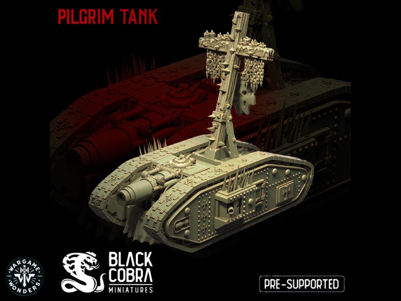 May include: A detailed 3D printed model of a tank with a large cross on top. The tank is gray and has a lot of detail, including spikes and chains. The text "PILGRIM TANK" is at the top of the image. The text "PRE-SUPPORTED" is at the bottom of the image.