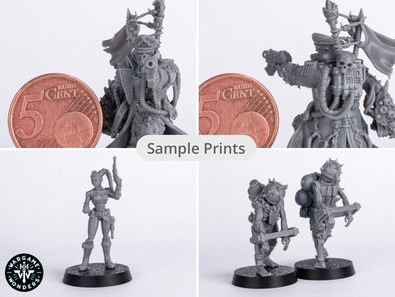 May include: Sample 3D printed miniatures of various characters, including a female figure with a gun, a figure with a backpack and a weapon, and a figure with a large weapon and a backpack. The miniatures are printed in gray plastic and are about 2 inches tall.