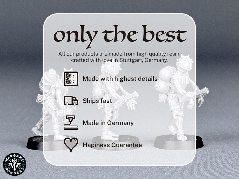 May include: Three white resin miniatures of futuristic soldiers, each holding a weapon. The image includes text that reads "only the best" and "Made in Germany". The miniatures are on black bases.