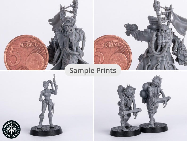 May include: Sample 3D printed miniatures of figures in various poses. The figures are grey and appear to be from a science fiction or fantasy setting. The miniatures are shown next to a Euro coin for scale.