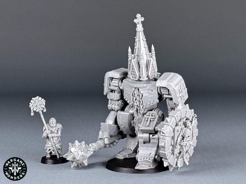 May include: A gray plastic miniature of a large, armored, robot-like figure with a spired helmet and a large shield. The figure is holding a spiked club in its right hand. A smaller gray plastic miniature of a figure holding a staff stands in front of the larger figure.