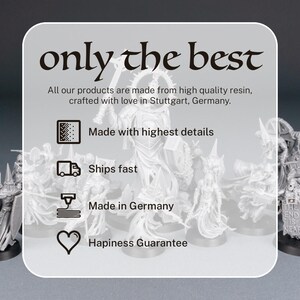 May include: A collection of detailed, unpainted resin miniatures, likely for tabletop gaming. The image includes text that reads "only the best" and "Made in Germany". The miniatures are on black bases, and the overall theme suggests fantasy or sci-fi.