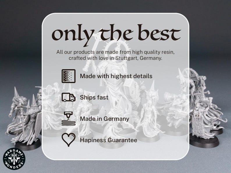 May include: A collection of detailed, unpainted resin miniatures, likely for tabletop gaming. The image includes text that reads "only the best" and "Made in Germany". The miniatures are on black bases, and the overall theme suggests fantasy or sci-fi.