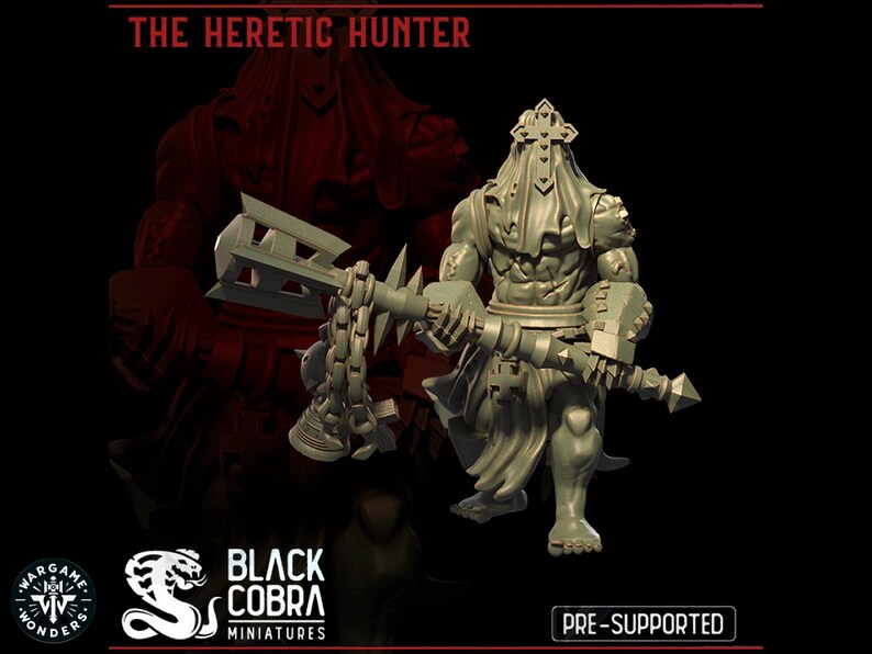 May include: A grey plastic miniature figure of a hooded figure wielding a spiked chain weapon. The figure is standing on a black background. The text "The Heretic Hunter" is at the top of the image. The text "Black Cobra Miniatures" is at the bottom of the image.