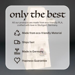 May include: White 3D printed model of a building with the text "only the best" at the top. The text below reads "All our products are made from eco-friendly PLA, crafted with love in Stuttgart, Germany."  The image also includes four icons with text: "Made from eco-friendly Material", "Ships fast", "Made in Germany", and "Happiness Guarantee".