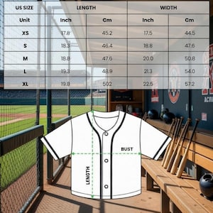 May include: White crop top baseball jersey with black trim and button closure. The image includes a size chart with measurements in inches and centimeters. The jersey's length ranges from 17.8 to 19.8 inches. The width ranges from 17.5 to 22.5 inches.