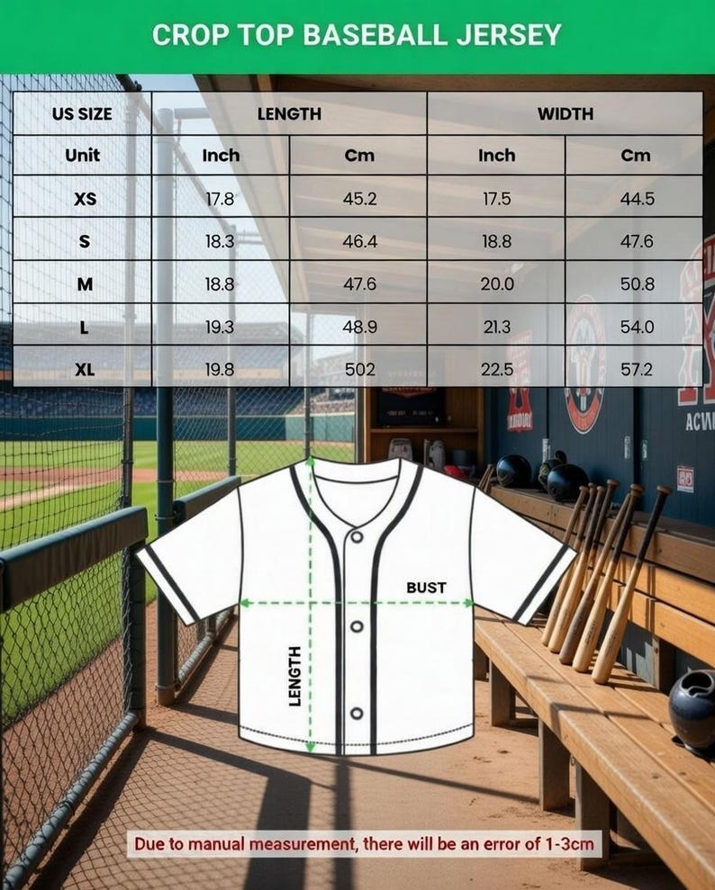 May include: White crop top baseball jersey with black trim and button closure. The image includes a size chart with measurements in inches and centimeters. The jersey's length ranges from 17.8 to 19.8 inches. The width ranges from 17.5 to 22.5 inches.
