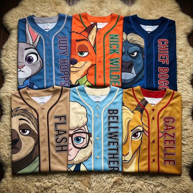 May include: Baseball jerseys featuring characters from Zootopia. The jerseys are in various colors, including blue, orange, and tan, with character faces and names like "Judy Hopps" and "Nick Wilde" printed on them. The jerseys are button-down.