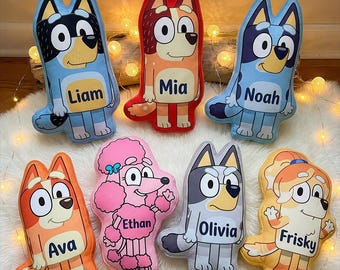 Almohada personalizada de Bluey, regalo infantil de Bluey Bingo, cojín de dibujos animados personalizado, decoración de dormitorio familiar de Bluey, idea de regalo de cumpleaños para niños pequeños