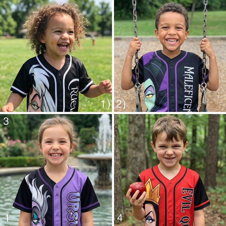 May include: Four children wearing baseball jerseys featuring Disney villains. The jerseys are black, red, and purple with character graphics and names like "Cruella," "Maleficent," "Ursula," and "Evil Queen." One child holds an apple.