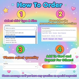 Puede incluir: Gr&aacute;fico colorido con instrucciones sobre c&oacute;mo pedir una camiseta personalizada. Los pasos incluyen seleccionar el tipo y tama&ntilde;o de la camiseta, seguir las instrucciones de personalizaci&oacute;n, seleccionar la cantidad y agregar al carrito. El texto incluye "How To Order".