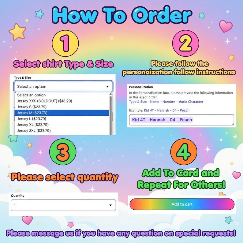 Puede incluir: Gr&aacute;fico colorido con instrucciones sobre c&oacute;mo pedir una camiseta personalizada. Los pasos incluyen seleccionar el tipo y tama&ntilde;o de la camiseta, seguir las instrucciones de personalizaci&oacute;n, seleccionar la cantidad y agregar al carrito. El texto incluye "How To Order".