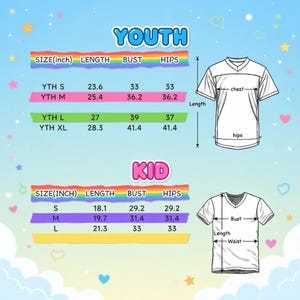 Puede incluir: Una tabla de tallas para camisetas de j&oacute;venes y ni&ntilde;os, con medidas en pulgadas. La tabla incluye medidas de largo, busto y cadera para varias tallas, junto con un diagrama de una camiseta.