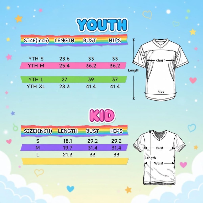 Puede incluir: Una tabla de tallas para camisetas de j&oacute;venes y ni&ntilde;os, con medidas en pulgadas. La tabla incluye medidas de largo, busto y cadera para varias tallas, junto con un diagrama de una camiseta.