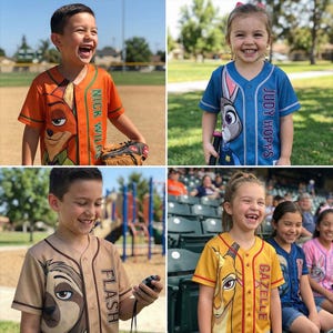 May include: Four children wearing baseball jerseys featuring characters from the movie Zootopia. The jerseys are orange, blue, tan, and yellow, with character names and images. The children are smiling and appear to be at a baseball game.