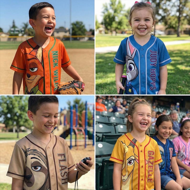 May include: Four children wearing baseball jerseys featuring characters from the movie Zootopia. The jerseys are orange, blue, tan, and yellow, with character names and images. The children are smiling and appear to be at a baseball game.