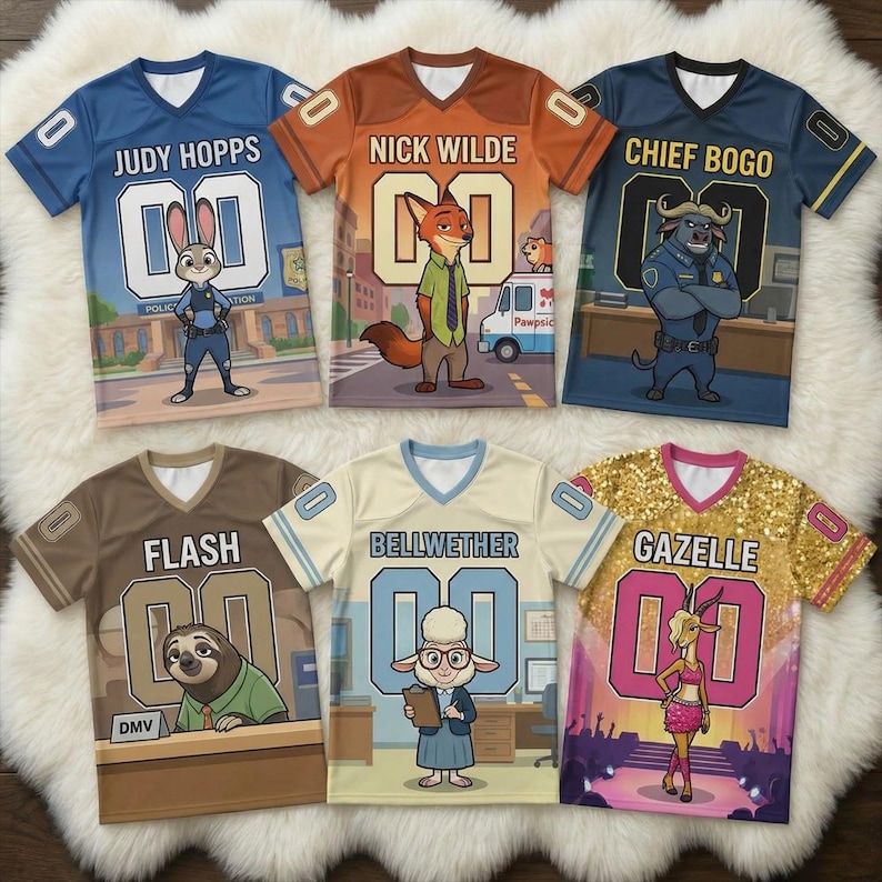 Puede incluir: Seis camisetas coloridas con tem&aacute;tica de Zootr&oacute;polis. Cada camiseta presenta el nombre de un personaje y el n&uacute;mero 00. Los personajes incluyen a Judy Hopps, Nick Wilde, Chief Bogo, Flash, Bellwether y Gazelle. Las camisetas se muestran sobre una superficie blanca y esponjosa.