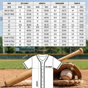 May include: White baseball jersey with black trim, a baseball, a glove, and a bat. The jersey has measurements in inches and centimeters for various sizes, including chest, length, shoulder, and sleeve dimensions.