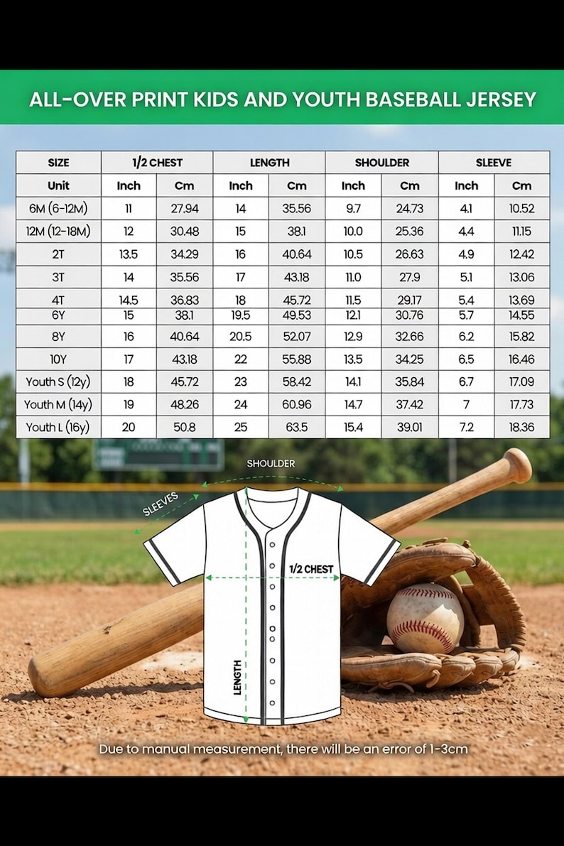 May include: White baseball jersey with black trim, a baseball, a glove, and a bat. The jersey has measurements in inches and centimeters for various sizes, including chest, length, shoulder, and sleeve dimensions.