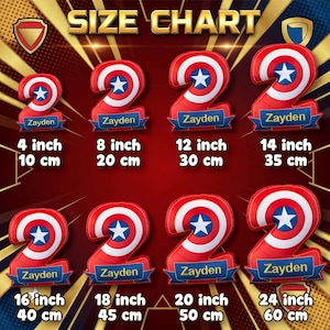 May include: A size chart displays red, white, and blue number 2 shaped decorations with a star design. The chart shows sizes from 4 inches (10 cm) to 24 inches (60 cm), with the name "Zayden" on each. The text "SIZE CHART" is at the top.