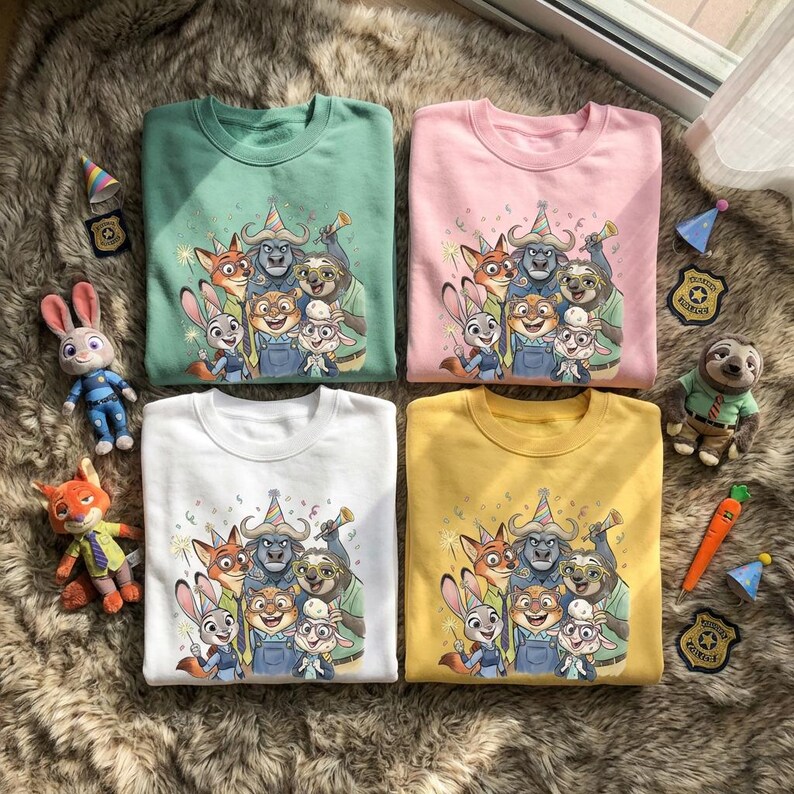 May include: Four crewneck sweatshirts in green, pink, white, and yellow, each featuring a colorful graphic of characters. Plush toys and accessories are arranged around the shirts. The sweatshirts are made of a soft material.