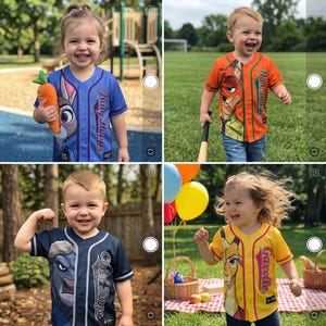May include: Four children wearing baseball-style jerseys with cartoon character designs. The jerseys are blue, orange, navy, and yellow. Each jersey features a different character and the character's name. The children are smiling and playing outdoors.