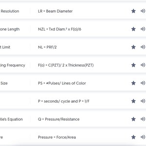 May include: A table with formulas for calculating lateral resolution, near zone length, Nyquist limit, operating frequency, packet size, period, Poiseuille's Equation, and pressure.