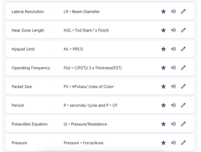 May include: A table with formulas for calculating lateral resolution, near zone length, Nyquist limit, operating frequency, packet size, period, Poiseuille's Equation, and pressure.